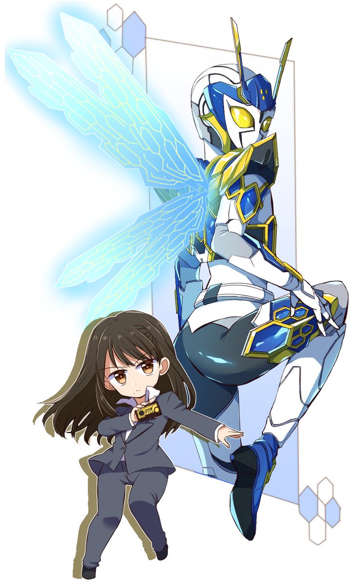 1girl tokusatsu formal suit long hair chibi yellow eyes  illustration images