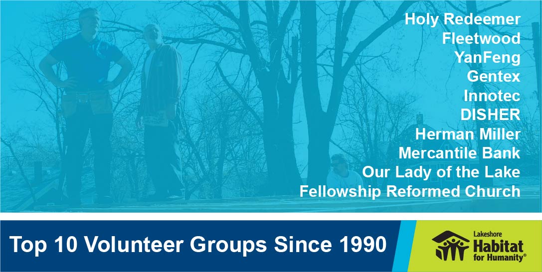 As we wrap up National Volunteer Appreciation week, and begin to celebrate our 30th Anniversary, we want to recognize our Top 10 Volunteer groups of all time.  These groups have given thousands of hours of service to Lakeshore Habitat and we are extremely grateful.