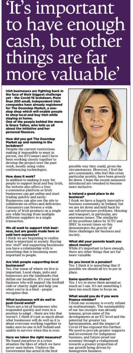 Really enjoyed getting the opportunity to talk personal and public finances with <a href="/IrishMailSunday/">Irish Mail on Sunday</a>, as well as our new one-stop shop for small Irish businesses <a href="/wearedoorstep/">The Doorstep Market</a> #StayHomeShopLocal #COVID19Ireland #SupportArtists