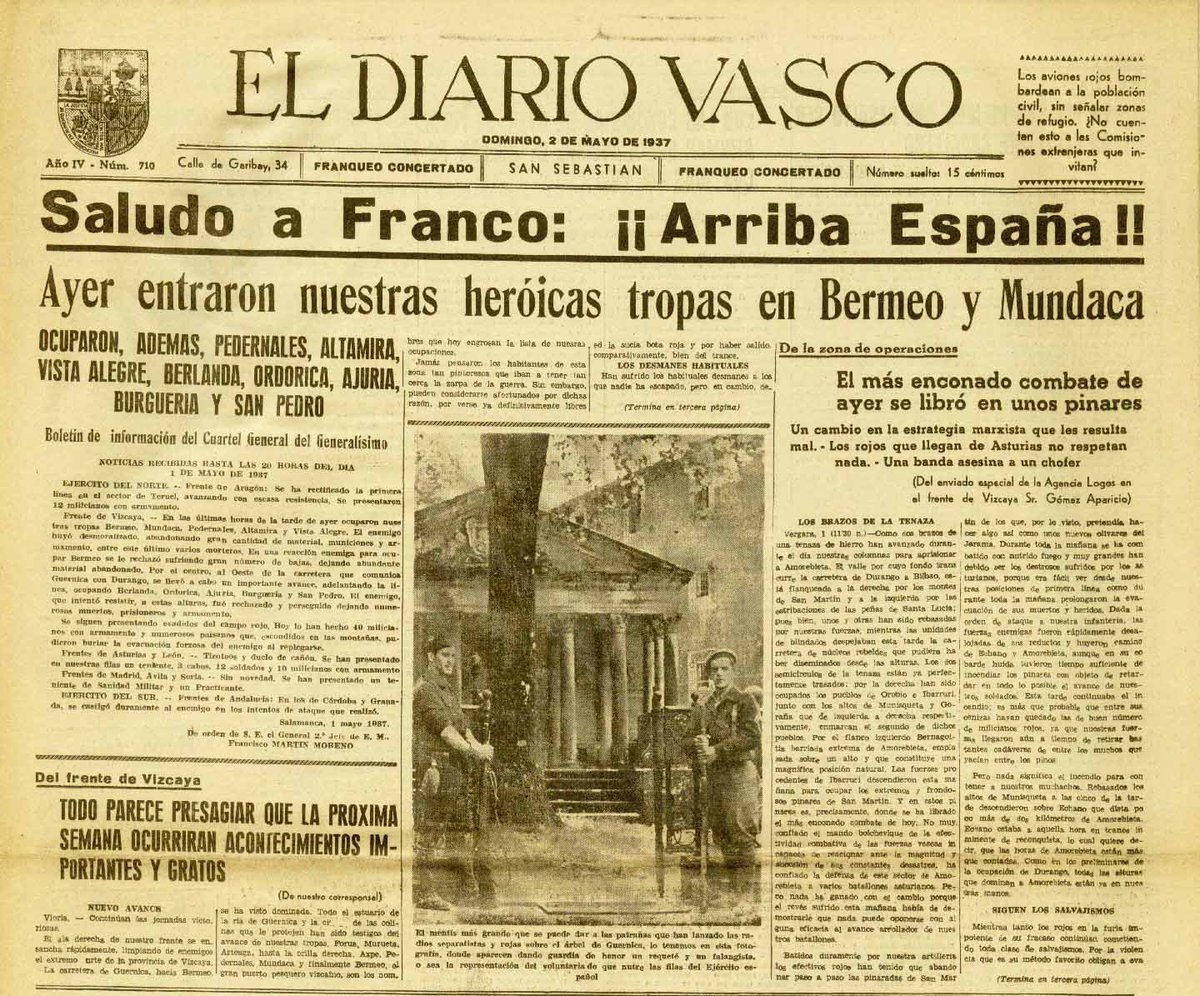Gernika was occupied three days after the bombing and remained under Francoist control until Franco& #39;s death in 1975. Franco& #39;s authoritarian dictatorship banned any commemoration and any questioning of the official narrative that Gernika had burned by arsonists.