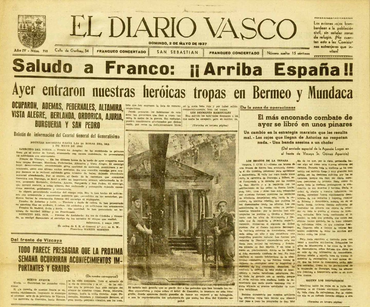 Gernika was occupied three days after the bombing and remained under Francoist control until Franco's death in 1975. Franco's authoritarian dictatorship banned any commemoration and any questioning of the official narrative that Gernika had burned by arsonists.