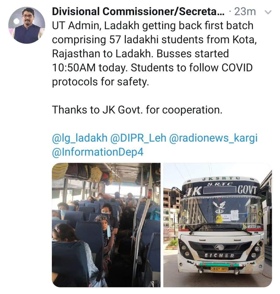 thinles_ladakh's tweet photo. Thx @lg_ladakh @DvCom_Secretary @ladags for the effort.
This is result of your perseverance and persistence @SThardoth @LadakhiRd @j_paljorladakh @SkarmaTsering3 and all other Ladakhi students leaders.
#thax #hopeforthebest
#Covid_19 https://t.co/R7TqdK3Q1g