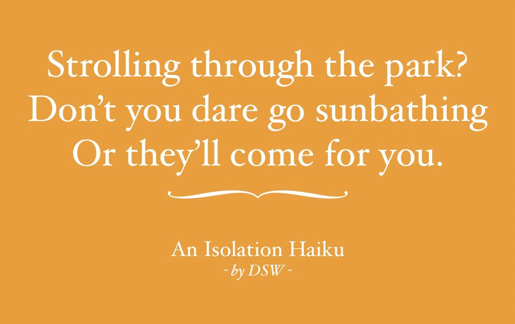 Dstantonwright's tweet photo. π Isolation Haiku #6
#haiku #isolationhaiku #isolationpoetry #covid19poetry #poetry #instapoet #instapoetry #coronapoetry #stayathome https://t.co/gWfxx7G23r