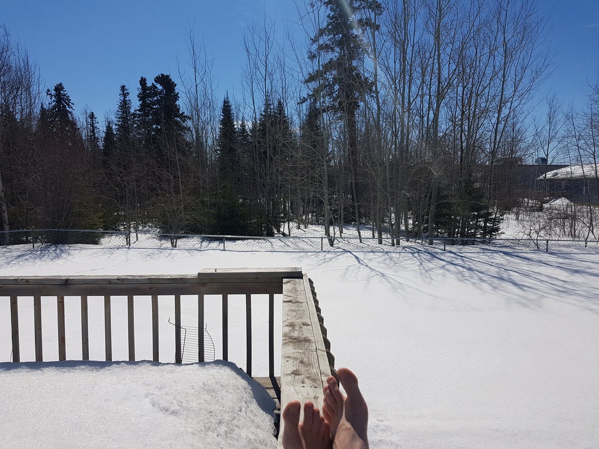 Finally yesterday spring seems to have arrived. Snow is melting fast, although it is still waist deep in most of my yard. Nevertheless, I got a mild sunburn yesterday reading on the deck. (Oops - need that SPF!) Nicer temps will help everyone feel less stir crazy. 6/x