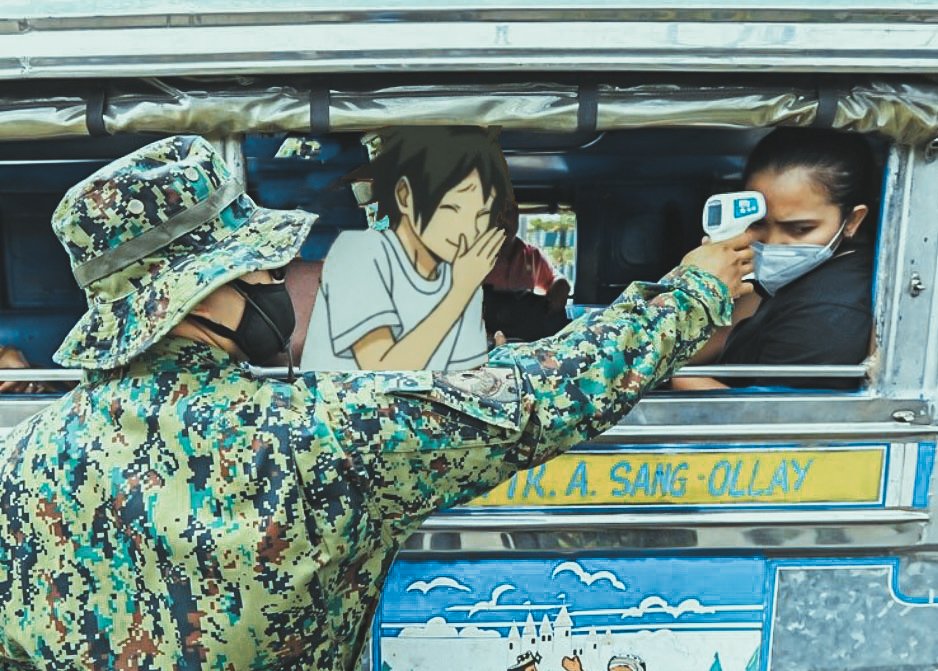 CAPTURED: Karasuno's pinch server Yamaguchi Tadashi was caught on camera trying his best not to laugh while the other passenger is clearly mad of the temperature check for the enhanced community quarantine checkpoint.
