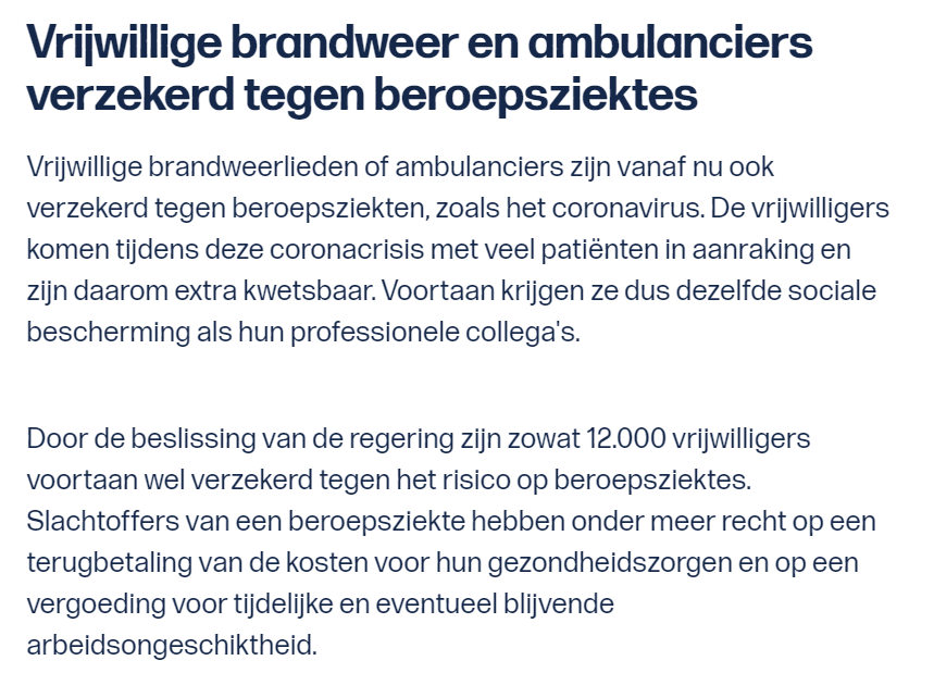 Dank aan Federale Overheid <a href="/Maggie_DeBlock/">Maggie De Block</a> <a href="/pieterdecrem/">Pieter De Crem</a>  <a href="/FrancisBenoitku/">Francis Benoit</a> voor deze terechte beslissing in het belang van de medewerkers van de Hulpverleningszones
<a href="/netw_BW/">Netwerk Brandweer</a> <a href="/HVZFluvia/">HVZ Fluvia</a> #brandweervrijwilligers #ambulanciervrijwilligers #staysafestayhome #savethesummer