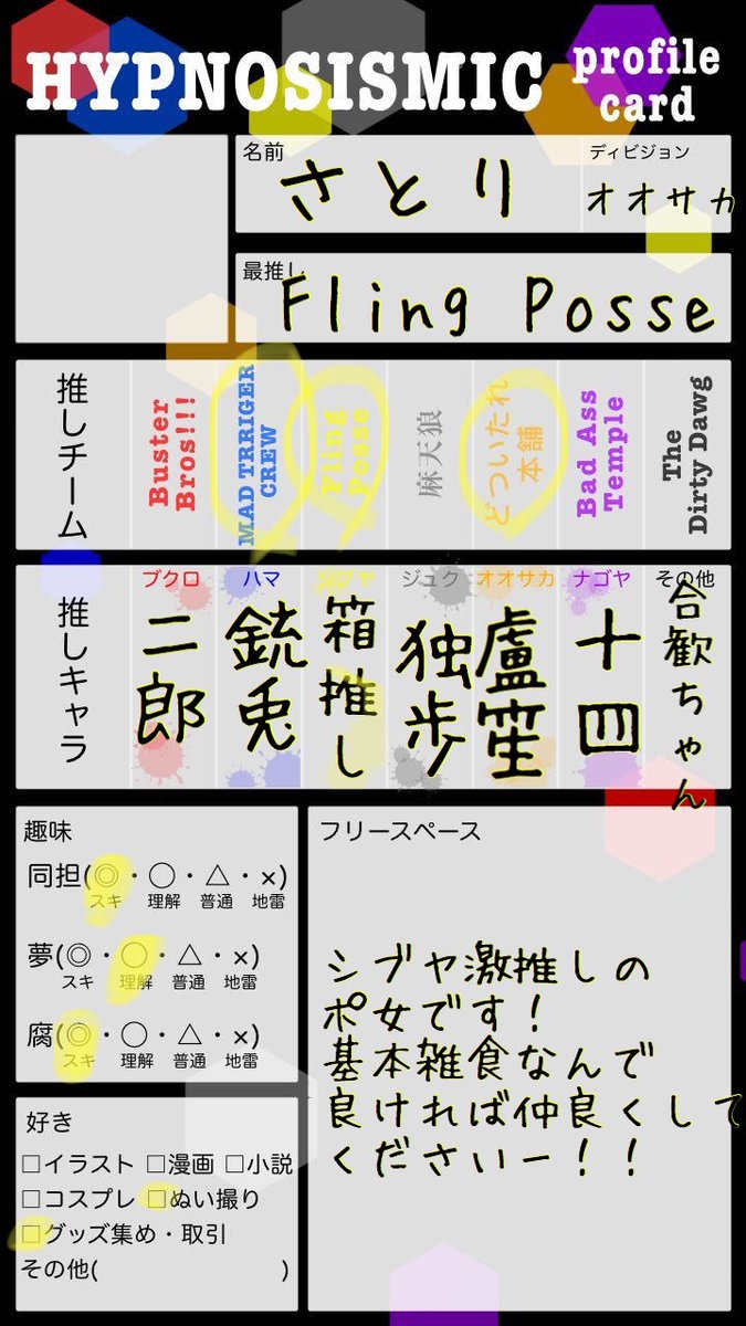 テンプレお借りしました!!
ツイステは最近始めたばかりなので語れる友達欲しいです!!!!
基本?中心でtwstも呟く雑多垢です!
RT ♡どちらもお迎え行きます〜!?

#ヒプマイ好きさんと繋がりたい
#ヒプマイ自己紹介カード
#ツイステ学生証
#ツイステ好きさんと繋がりたい 