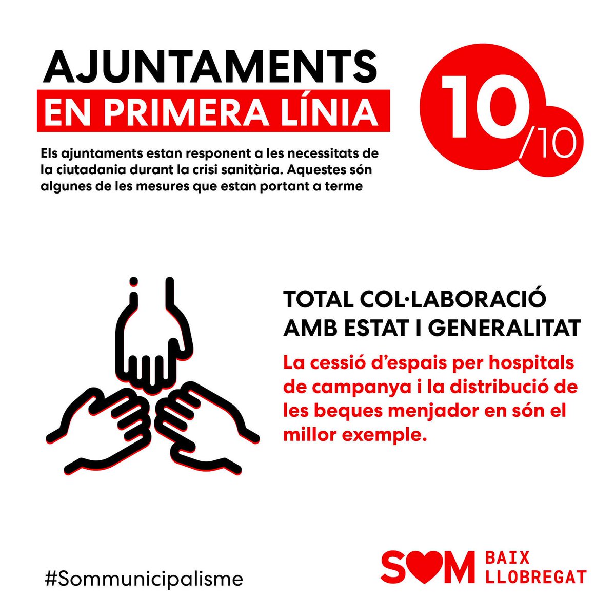 PSCVallirana's tweet photo. 🏫 Ajuntaments en primera líniaℹ️ 
.

🔟 mesures dels ajuntaments socialistes del #baixllobregat ❤️per donar solucions a la ciutadania durant aquesta crisi #covid19 .

🔟👉🏻 d’aquesta crisi només sortirem junts i juntes 💪🏻 #somMunicipalisme #graciasayuntamientos https://t.co/e2YFiHYmqN