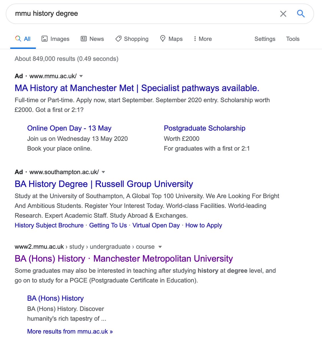 Well, this is interesting. Actual evidence of a Russell Group university trying to poach applicants interested in studying at a post-92. Search for "MMU history degree" on Google and you get a prominent ad for the "Russell Group University" in Southampton.