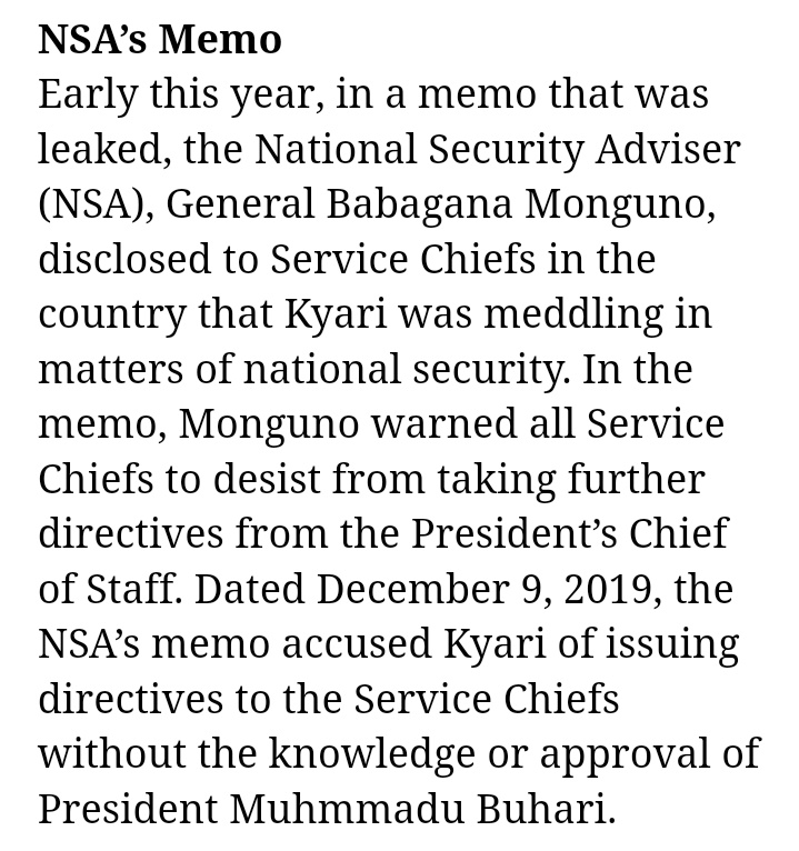 So powerful was  #SaintAbbaKyari that even the NSA (General Babagana Munguno) had to put it in writing that Kyari was usurping powers over & above his appointed office, including giving orders to The Service Chiefs, under the false pretext that they were from Buhari