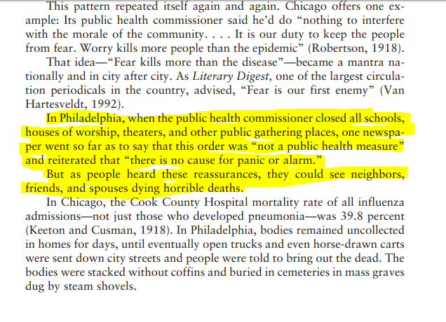 In Philadelphia, when the public health commissioner closed all schools, houses of worship, theaters, & other public gathering places, one newspaper went so far as to say that this order was “not a public health measure”and reiterated that “there is no cause for panic or alarm.”