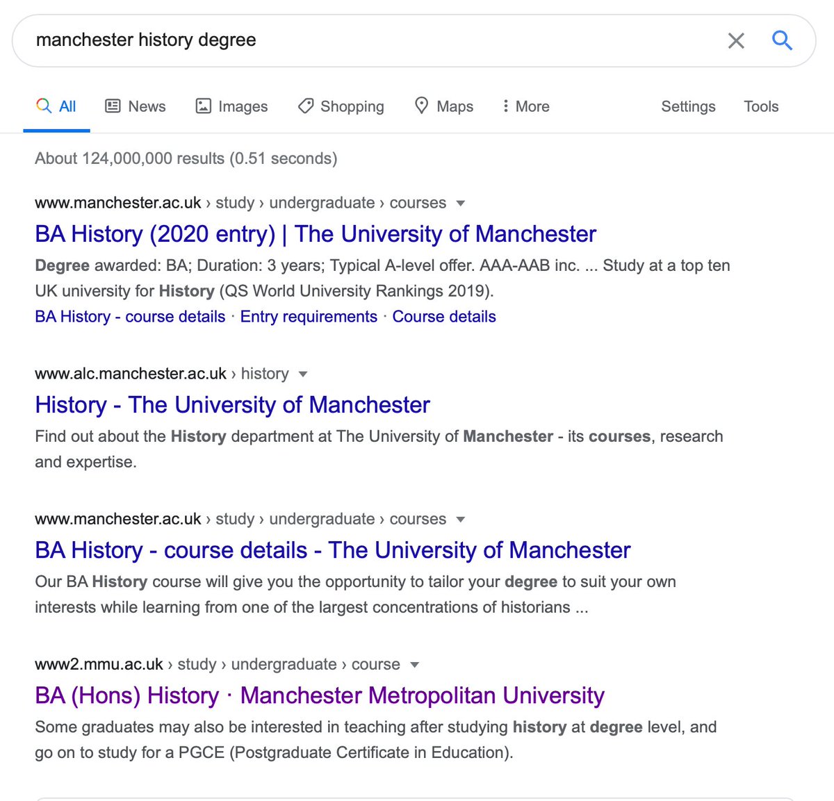 Maybe I'm being overly cynical, I thought. I searched instead for a "Manchester history degree" at my local RG institution and no such ad came up. Clearly targeted.