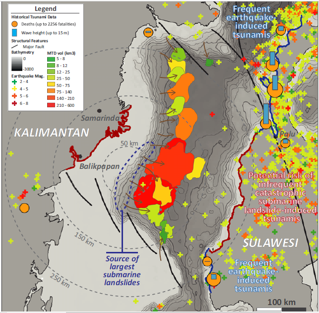 Ismaelhalim's tweet photo. #MassWastedSunday in Indonesia's Future Capital at East Kalimantan. Brackenridge et al (2020) showed MTDs as a potential catastrophic submarine landslide-induced Tsunamis with the new capital located only <250 km from the possible underwater landslide, earthquake-generated. https://t.co/esmtbvHAXE