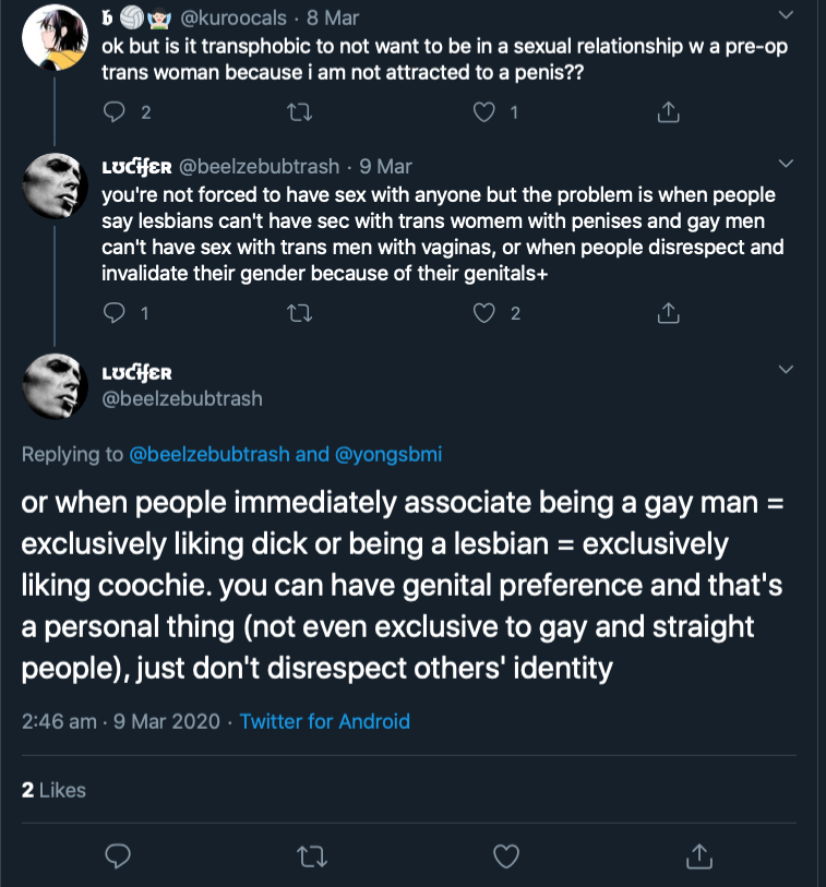 Riley J, Genital Preferences are Transphobic, Dennis. https://www.youtube.com/watch?time_continue=1&v=k5GYlZKfBmI&feature=emb_logo