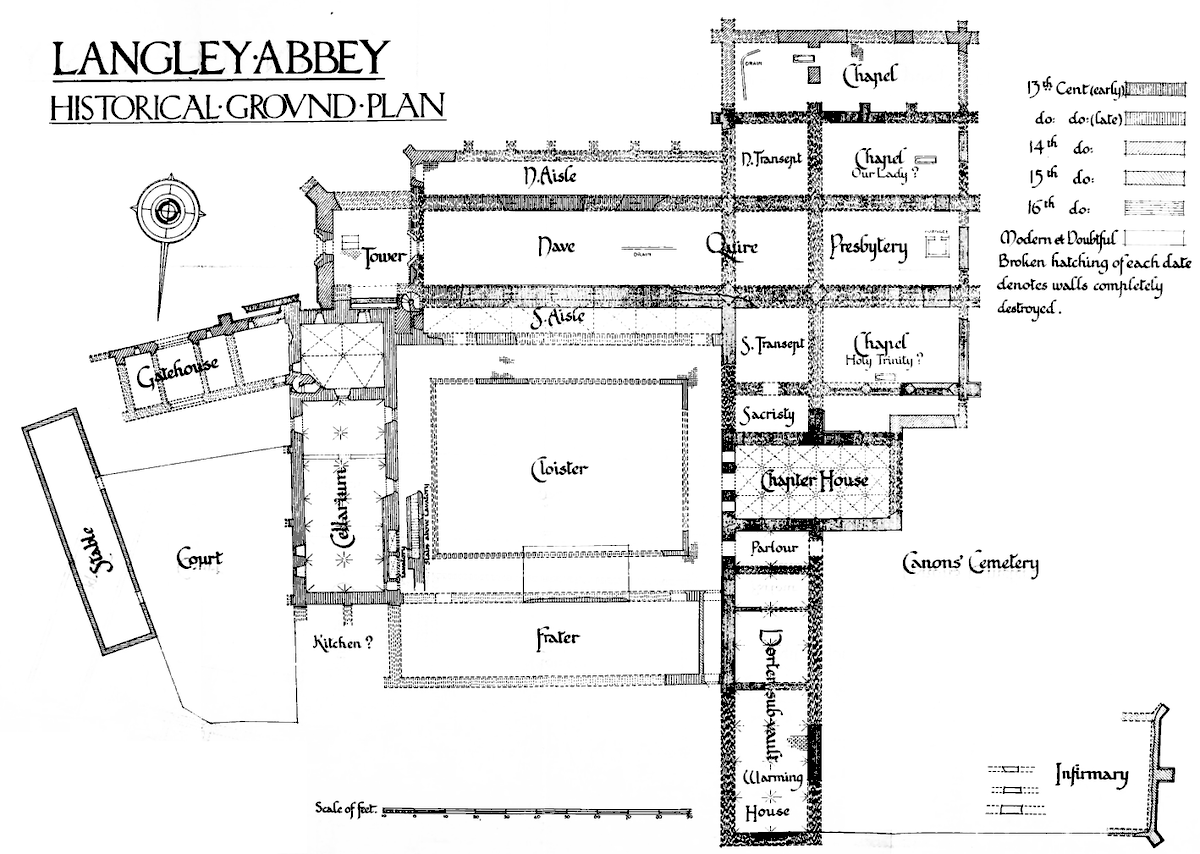 Langley Abbey, SE of Norwich. Middling Premont house, but quite big church, with much of the cloister ranges surviving: W range with undercroft, E range W wall. Tie the knot under a late 13th cusped arched doorway to to the chapter house