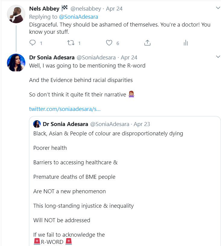 When Trevor Phillips spoke on TalkRadio on Friday, Dr Sonia Adesara (a BAME NHS doctor) was supposed to speak after him. She intended to bring up the issue of racism. With no announcement or explanation, she was dropped. They simply moved onto the next item.