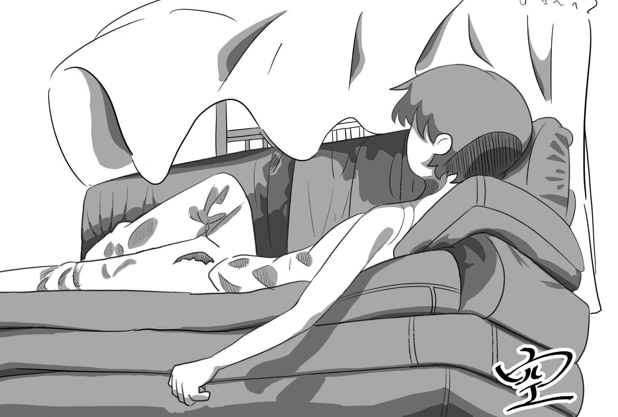 ｑoo くう Utatane Afternoon イラスト好きな人と繋がりたい ポストカードイラスト モノクロイラスト クリスタ エモいイラスト イラスト練習 だらっとしたポーズ ライブドローイング ミラティブ配信 放課後 午後 昼寝 うたたね