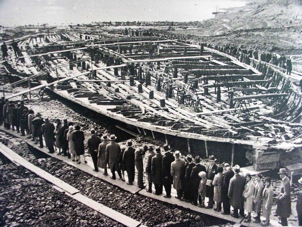 One of the two massive ships, built by Roman Emperor Caligula, that were uncovered in Lake Nemi in the 1920s.Under orders from Mussolini, the lake was drained and the ships were dug out. However, the two ships were destroyed in World War II.