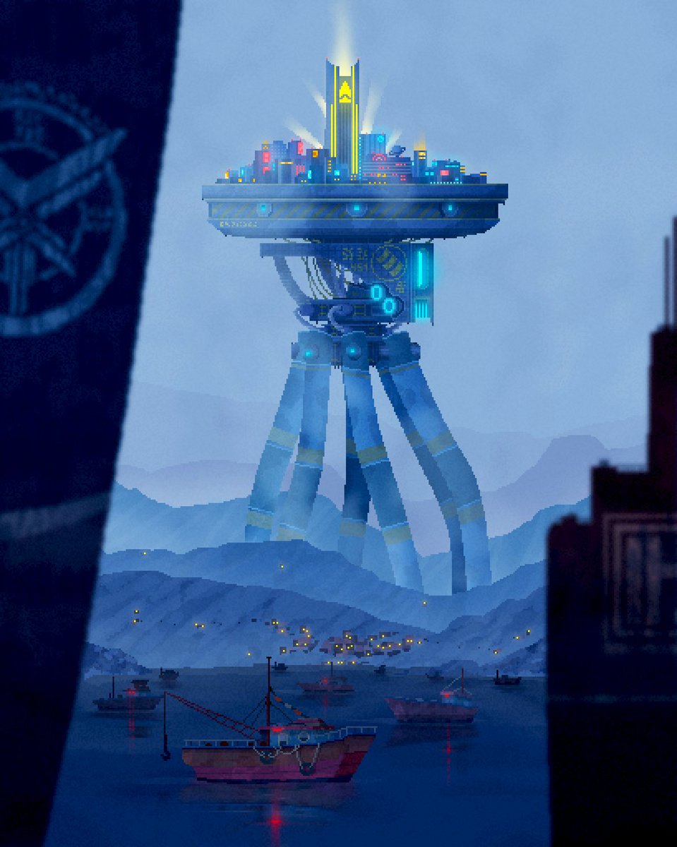 Another cyberpunk poster design I made for #cloudpunk, featuring a walking city. My personal favourite out of the concepts I made for the game. #cyberpunk #pixelart