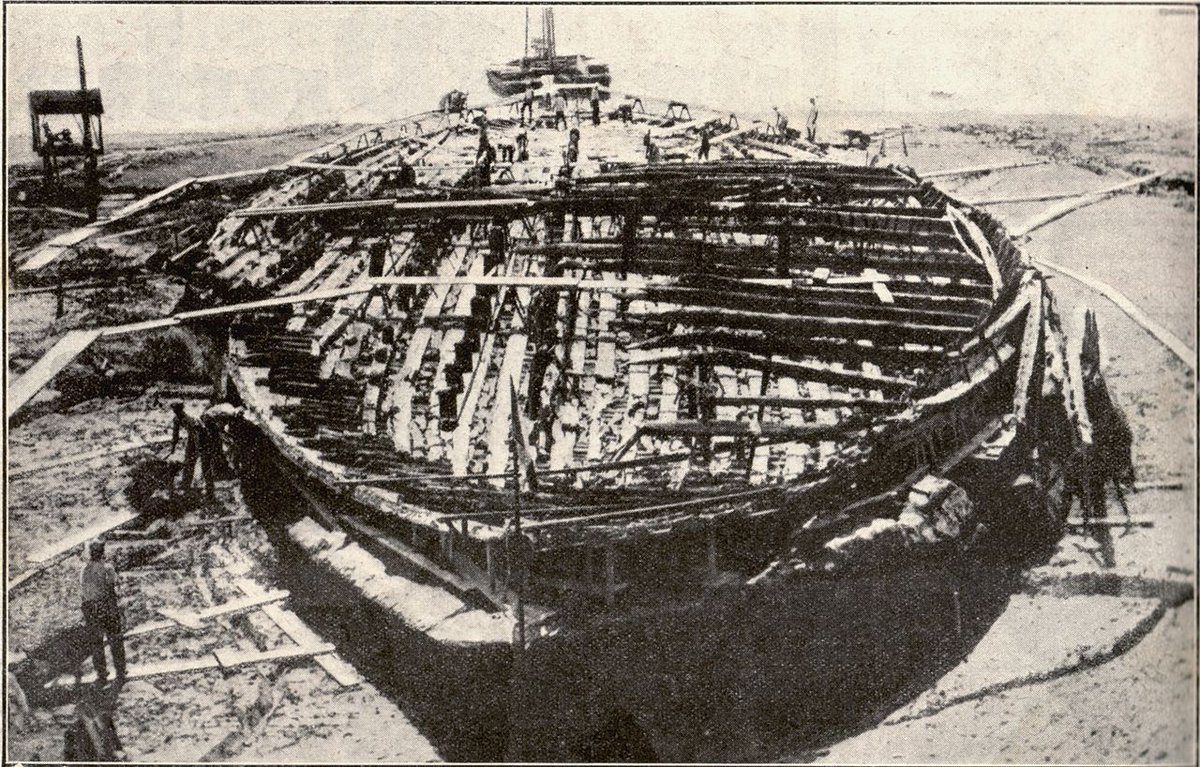 These large Roman vessels were floating palaces built in the 1st century at Lake Nemi.  https://rarehistoricalphotos.com/caligula-nemi-ships-1932/ -  https://www.discovermagazine.com/planet-earth/nemi-ships-how-caligulas-floating-pleasure-palaces-were-found-and-lost-again -  https://commons.wikimedia.org/wiki/File:Nemi-Schiff.jpg and  https://penelope.uchicago.edu/~grout/encyclopaedia_romana/miscellanea/nemi/nemi.html