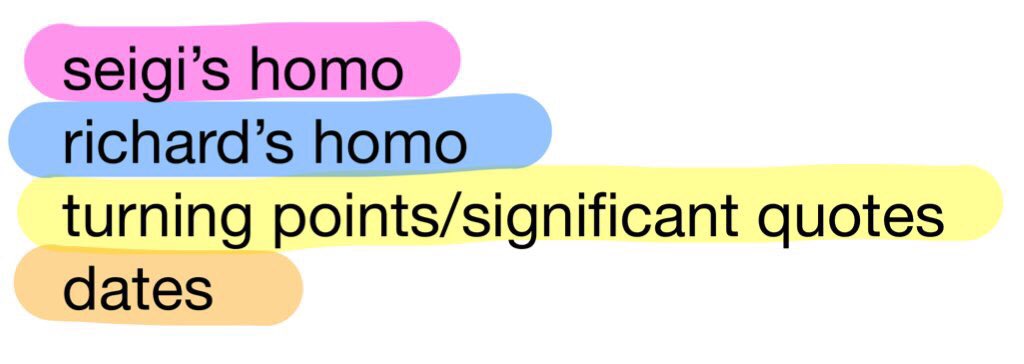 i had that highlighter system, which i’m going to keep up with to make this fun (as seen below)i also have a timeline i want to fill outand after finding out the bulk of the series has been planned since the beginning, i wanna see if some stuff just hits different