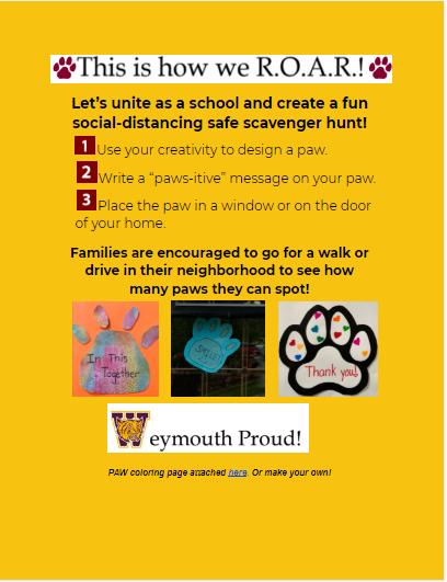 edrolet1's tweet photo. Wessagusset is sharing Paws-itive" messages around town! This is how we R.O.A.R.! Will you join us? #wess #weymouthproud https://t.co/PzeoQljPDn