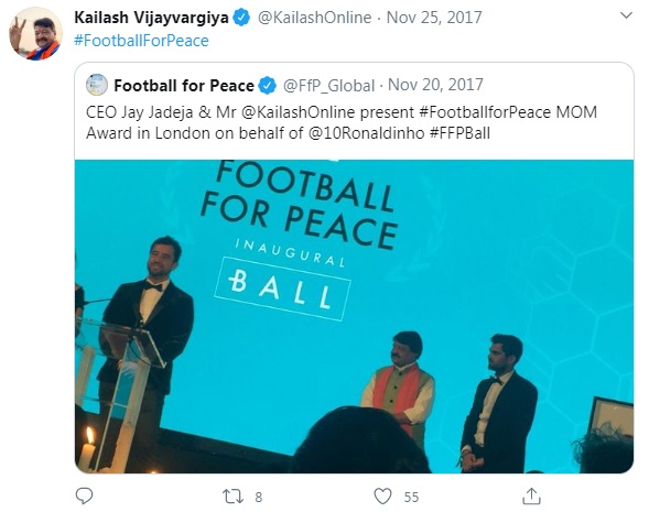 But here’s the interesting bit about Football for Peace India. Another board member of the organisation is Kailash Vijayvargiya, who, like Ram Madhav, is a BJP national general secretary.
