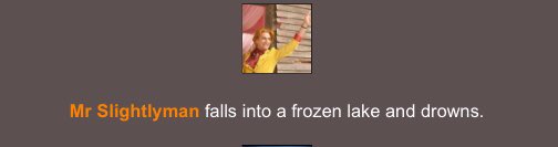 The horn sounds: -Numerous run away from the Copernica. -A few gather supplies. -Mr Slightlyman is a dumbass and falls in a lake and drowns.-Mrs Robinson apparently is badass and kills both Cale AND Ten. -Notably, Crowley is seen clutching a first aid kit as he runs away.