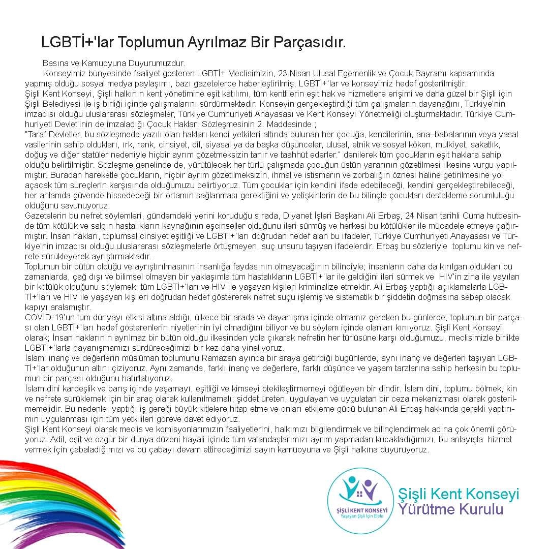 LGBTİ+'lar Toplumun Ayrılmaz Bir Parçasıdır. Basına ve Kamuoyuna Duyurumuzdur.