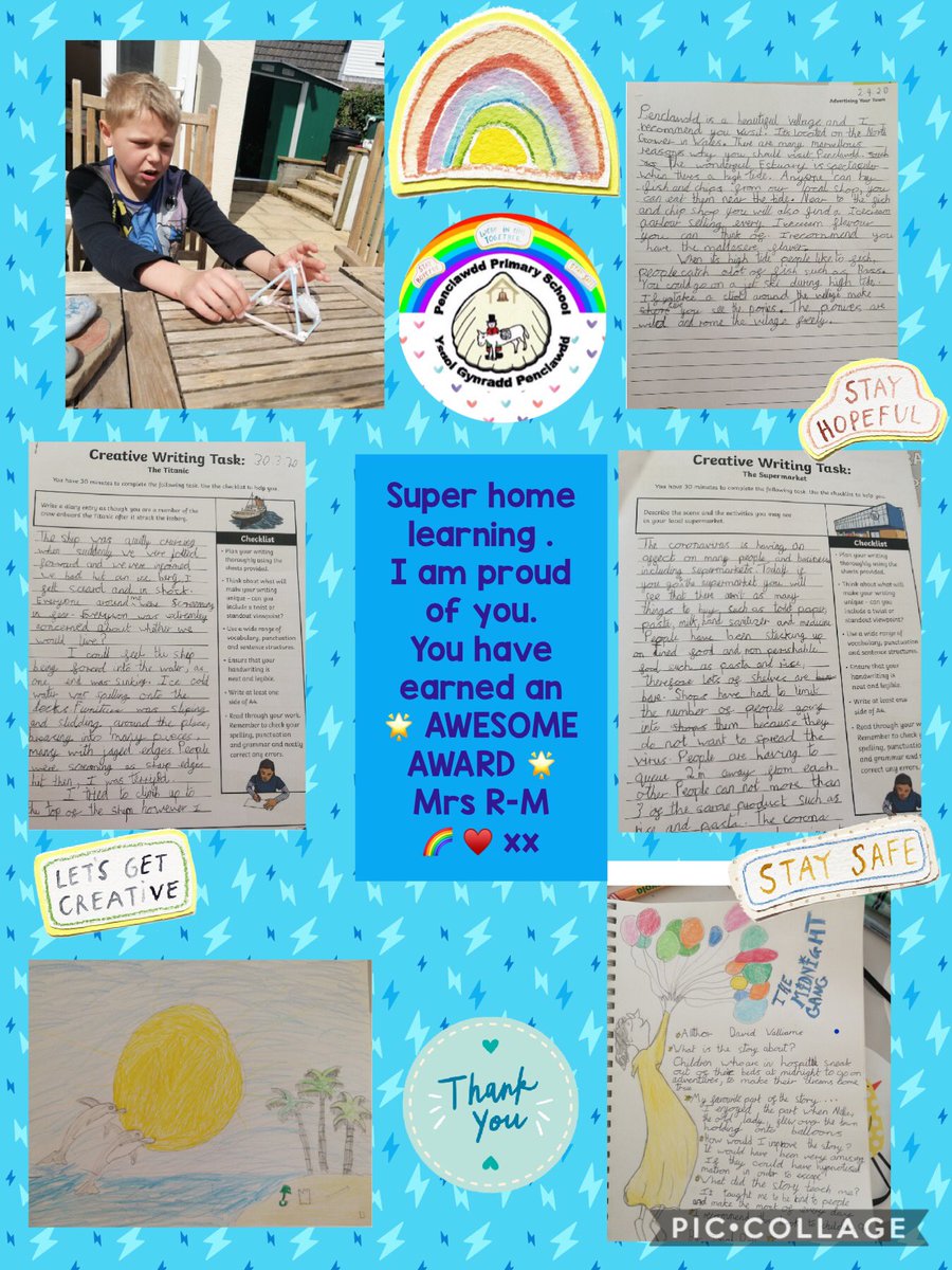 Penclawdd's tweet photo. 🌟 Look at this fabulous home learning and some more  #PencAwesome awards 🌟- well done pawb 👍🏼. Please keep sending me your lovely activities and work on SeeSaw. #Pencstaysafe #Penchomelearning 🌈♥️ https://t.co/gCtloyiWn1