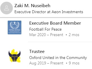 Zaki M Nuseibeh, vice chairman of Kashif Siddiqi’s parent club Oxford United, is also now a trustee of the organisation.