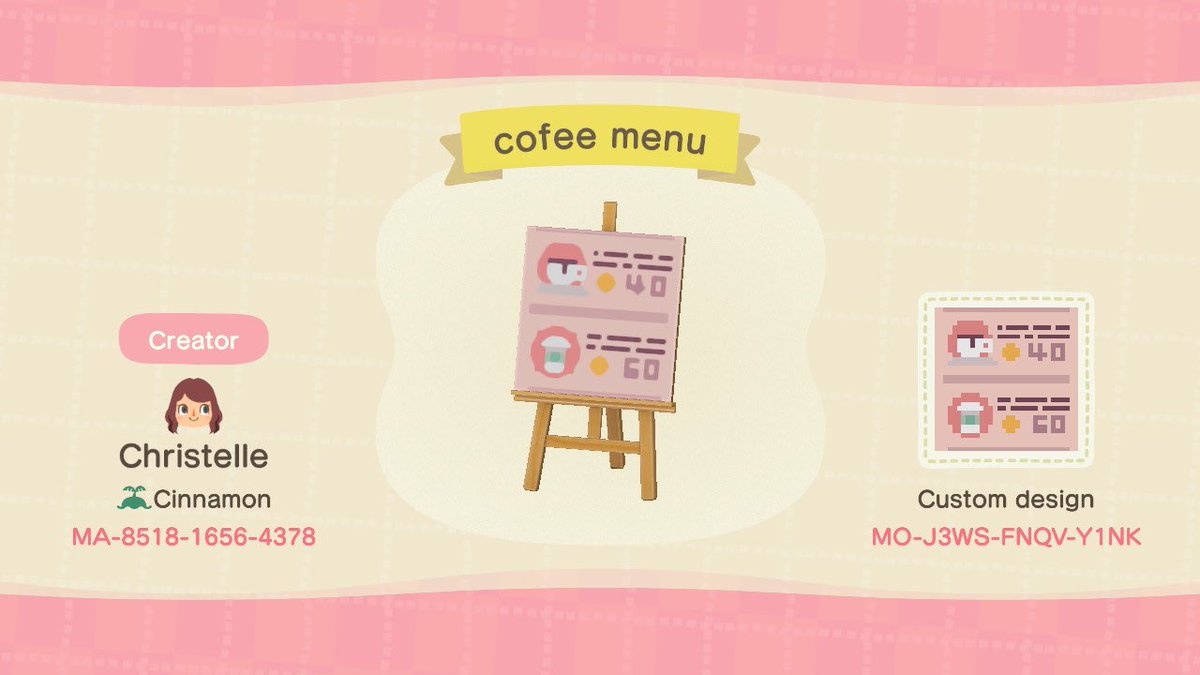 christelleacnh's tweet image. made simple coffee and cake menu designs ☕️🧁

#acnh #acnhdesign #acnhpattern #AnimalCrossingNewHorizons
