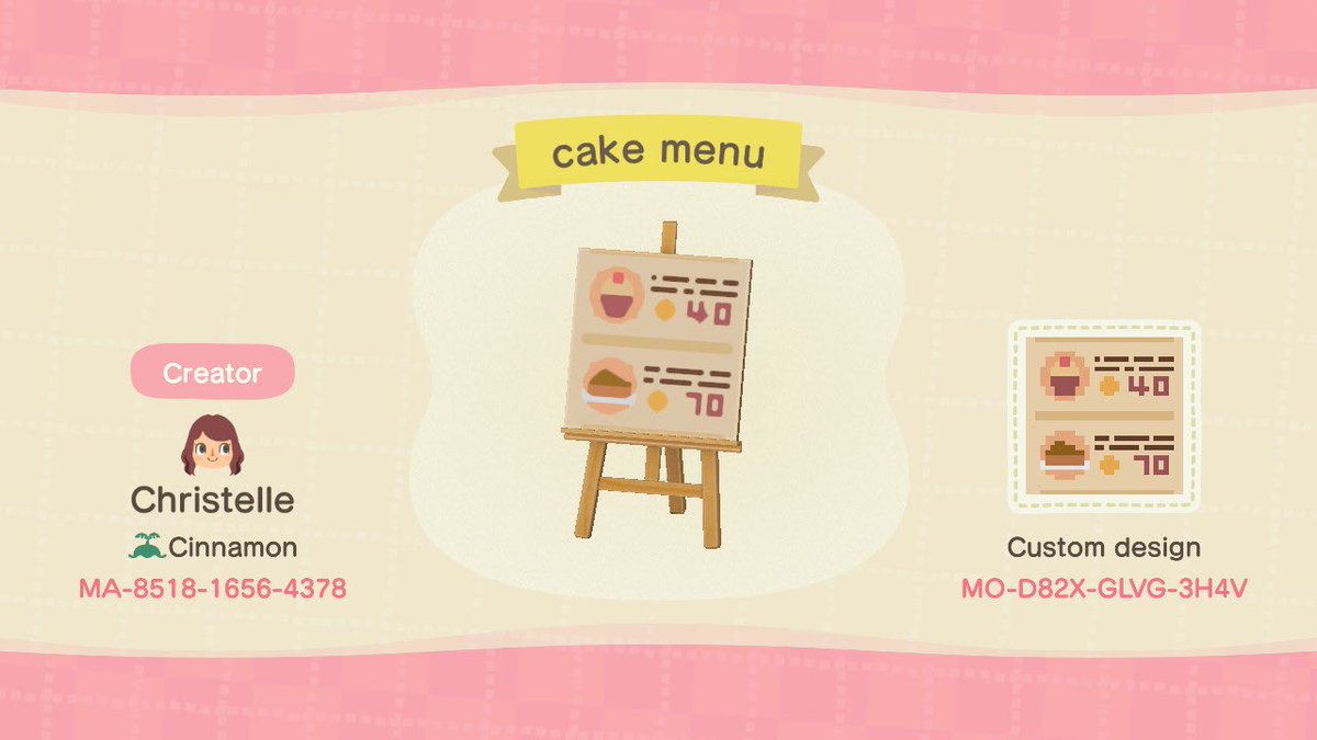 christelleacnh's tweet image. made simple coffee and cake menu designs ☕️🧁

#acnh #acnhdesign #acnhpattern #AnimalCrossingNewHorizons
