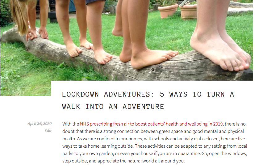 "There is no doubt that there is a strong connection between green space and good mental and physical health." 

Here are 5 ways to turn your daily Lockdown exercise into an adventure this week. #lockdown #homelearning #nature #outdoorlearning <a href="/waterscw/">Simon Waterworth</a> 

outdoorlearninginternational.com/blog-2/