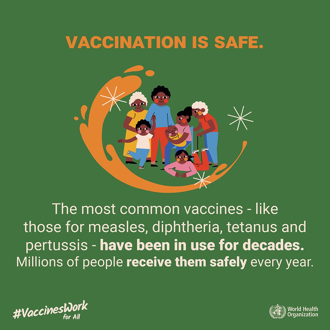 Vaccines are safe.The most common vaccines - like measles & tetanus - have been in use for decades.Millions of people receive vaccines safely every year. #VaccinesWork   http://bit.ly/WIW2020VaccinesWork