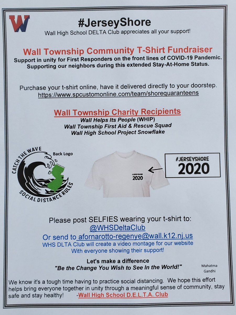 WallTwpSAC's tweet photo. Post SELFIES to @WHSDeltaClub wearing your #ShorQuaranTEENS or #JerseyShore #FirstResponders 2020 #CATCH_THE_WAVE #SOCIAL_DISTANCE_RULES t-shirt. Or email to: afornarotto-regenye@wall.k12.nj.us     https://t.co/bVY1aqbNWr Thank you #CoastStar for the nice article. https://t.co/A6r2NMTa8V
