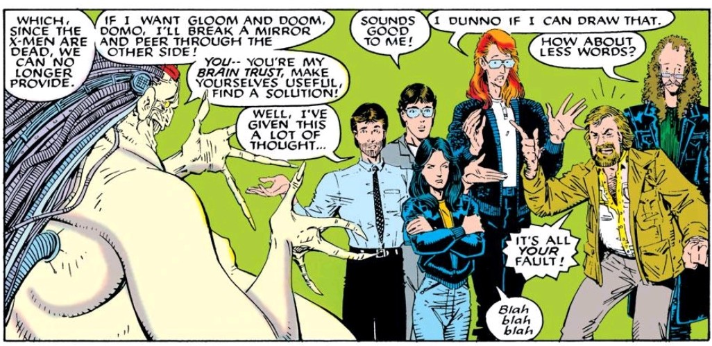 The satirical aspect is established through several references to Marvel comics production as well as the presence, on-page, of the X-Men creative teams, such as Claremont, the Simonsons, Art Adams and Ann Nocenti in several instances. 3/6