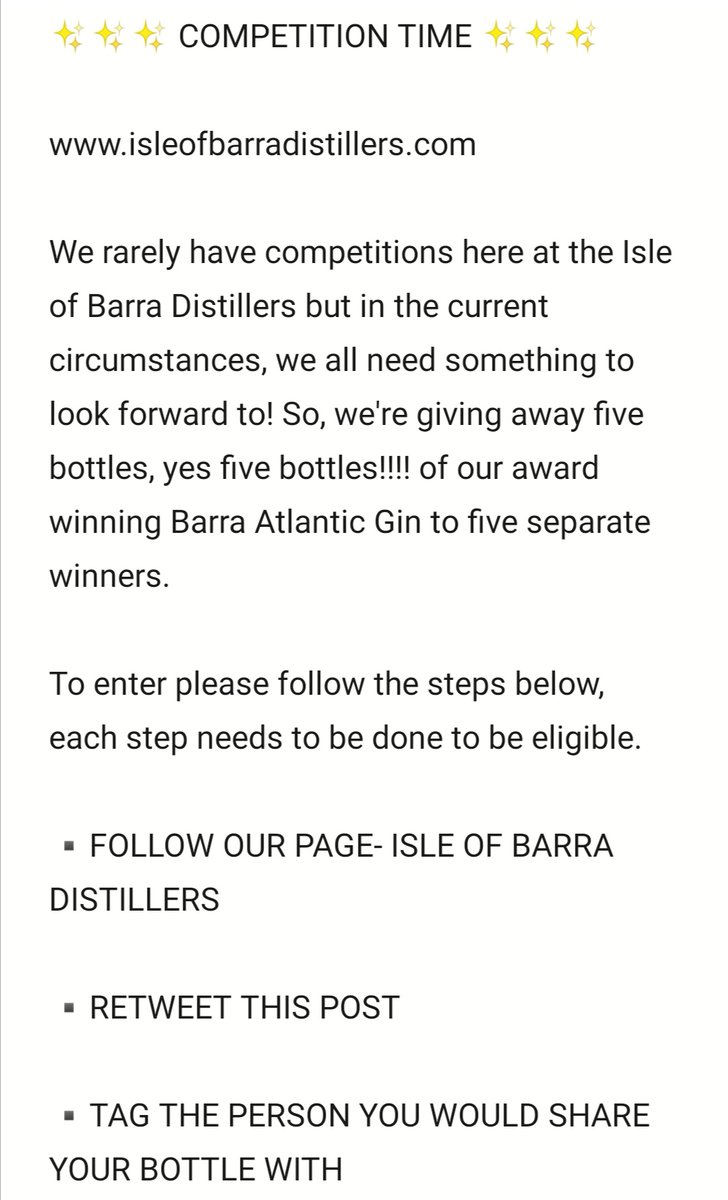 BarraDistillers's tweet photo. ✨ COMPETITION TIME ✨
https://t.co/0aNBeq70y3

▪️FOLLOW OUR PAGE- ISLE OF BARRA DISTILLERS 

▪️RETWEET THIS POST 

▪️TAG THE PERSON YOU WOULD SHARE YOUR BOTTLE WITH

We're giving away 5 bottles of our award winning Barra Atlantic Gin. See photos for more details.

Good luck 🤞 https://t.co/yGWljvwlxm