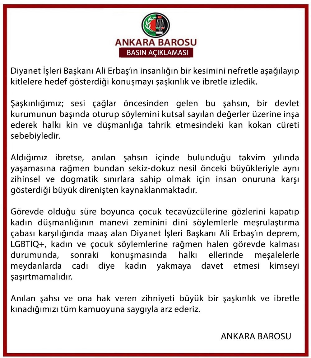 Diyanet İşleri Başkanı Ali Erbaş’ın insanlığın bir kesimini nefretle aşağılayıp kitlelere hedef gösterdiği konuşmasıyla ilgili basın açıklaması
bit.ly/2S9kdW3