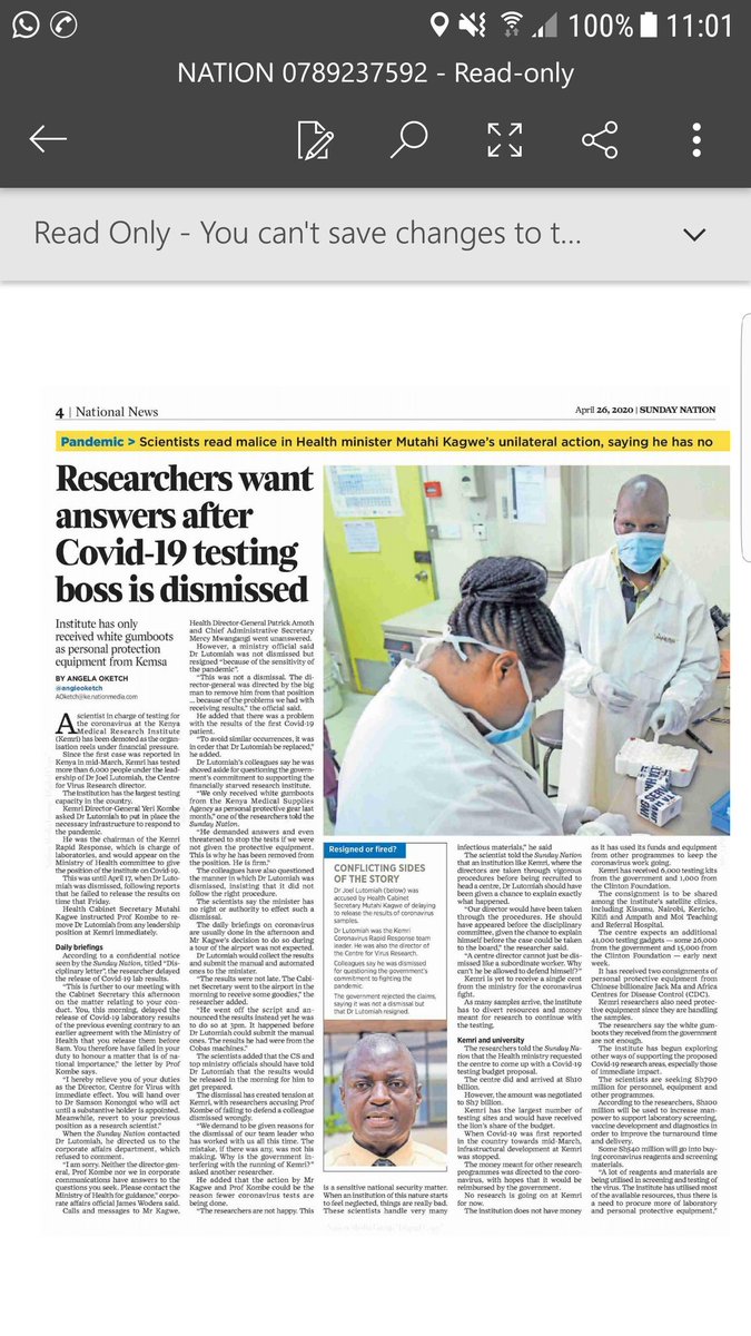 KSM_kenya's tweet photo. The government has always given the back to the real people fighting #Covid_19Ke . The sacking of the KEMRI chief by Hon. Mutahi Kagwe says it all. Anyway, there is still much to be unraveled. But this act is uncalled for. @MOH_Kenya @WHOKenya https://t.co/yUKQWtk55h