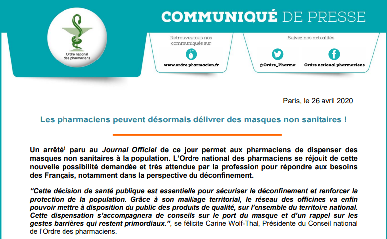 Ordre_Pharma's tweet photo. Les #pharmaciens peuvent désormais délivrer des #masques non sanitaires ! 
L’Ordre se réjouit de cette nouvelle possibilité demandée et très attendue par la profession pour répondre aux besoins des Français👉https://t.co/b3Cx6wGSjl @MinSoliSante https://t.co/TkQ9QtyPyW