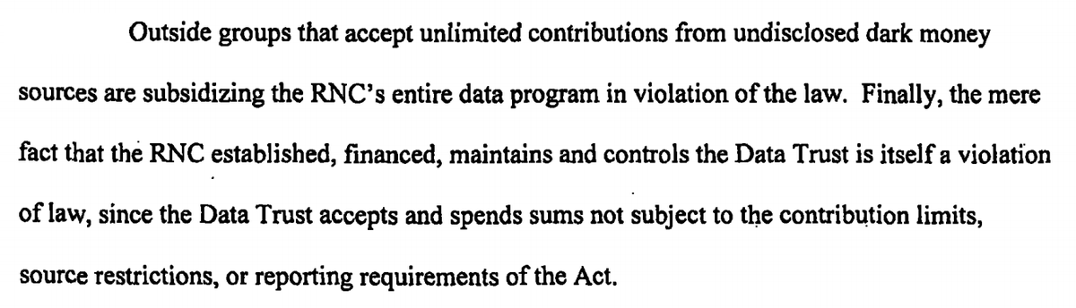 52/ It alleged that "outside groups that accept unlimited contributions from undisclosed dark money sources are subsidizing the RNC's entire data program in violation of the law." https://bit.ly/34HZhdQ 
