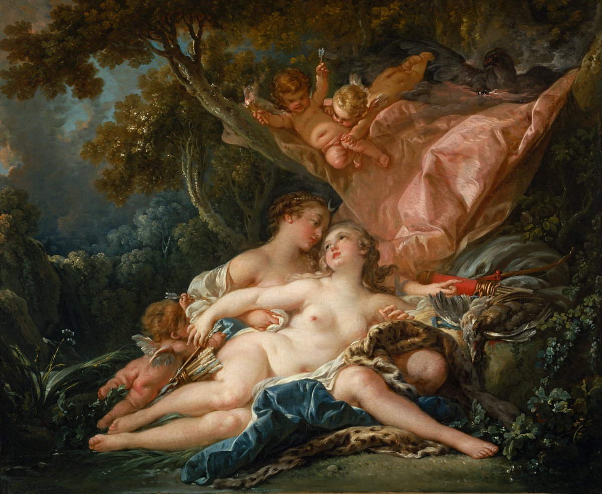 François Boucher, The Nymph Callisto, seducd by Jupiter as Diana (1759), Nelson-Atkins Museum of Art in Kansas City. Or: weirdest lesbian art history loophole to justify depicting two gals cuddling up: "oh this is Jupiter shapeshifting as Diana, so it's all good! No homo right?"