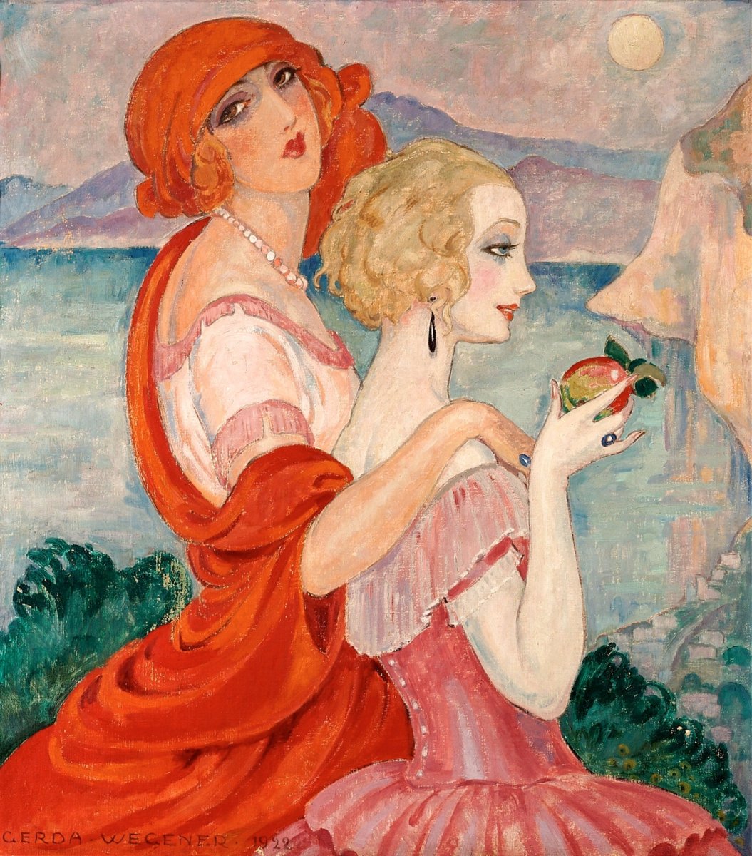 In same spirit, Gerda Wegnerer, On the Road to Anacapri (1922) depicting Gerda and her wife Lili Elbe! Lili appeared in many of Gerda's portraits. She was a trans woman and it is believed modelling sessions with Gerda led Lili to explore and finally embrace her gender identity