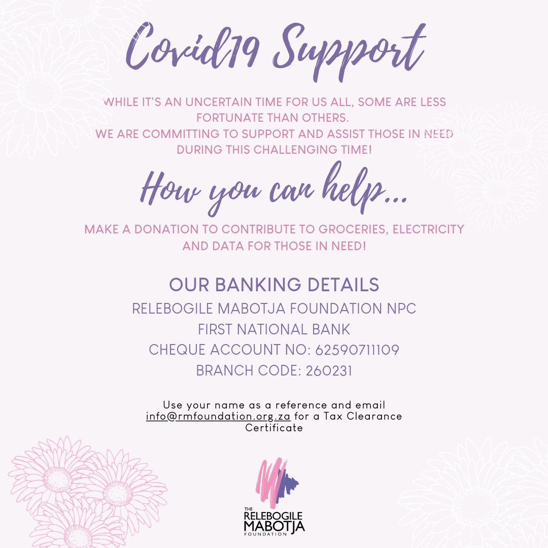 RMFoundationSA's tweet image. Thank you so much for the donations we have received so far. We still have a long way to go &amp;amp; would love to help where we can with groceries &amp;amp; electricity. Those who are able to assist, any contribution is appreciated. 

#StrongerTogether #Covid19SA #Covid_19 

@RelebogileM