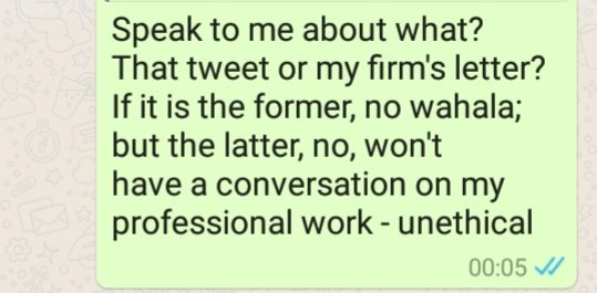 could talk in the manner he did, and knowing my pedigree, shocked me. I had last night set the boundary of our conversation when he sent a message that he wanted to speak with me about a screenshot tweet of Chidi.