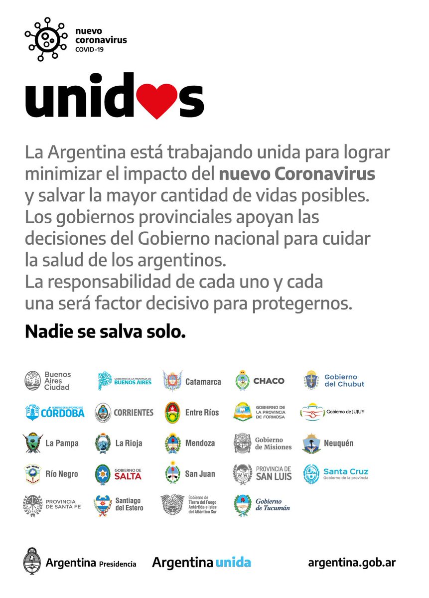 CasaRosada's tweet image. El Gobierno nacional y los gobiernos provinciales estamos trabajando unidos para minimizar el impacto del Covid-19 y cuidar la salud y la vida de los argentinos y las argentinas.

Nadie se salva solo.

#ArgentinaUnida #CuidarteEsCuidarnos