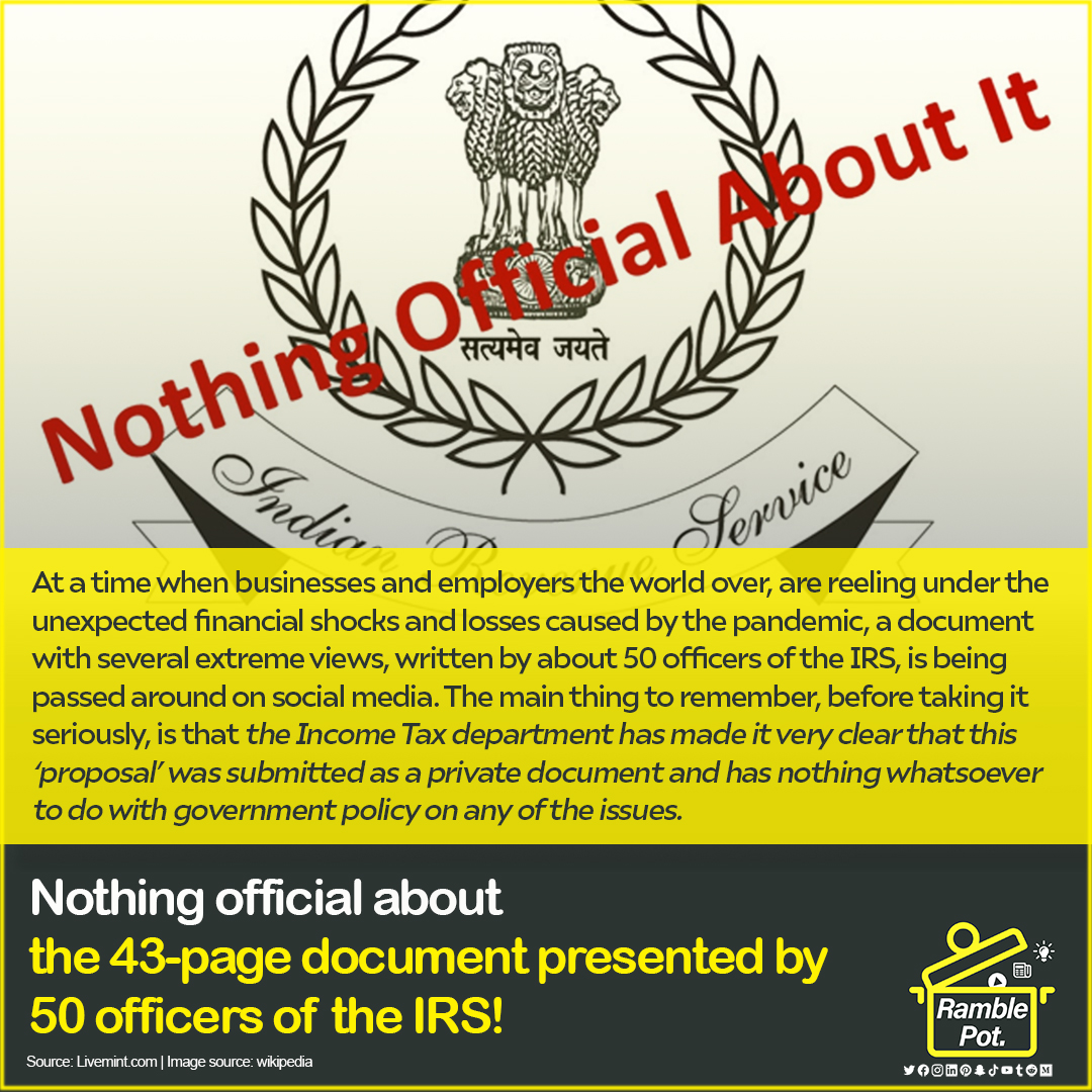 RamblePot's tweet photo. Views in the document , written by 50 IRS officers, are personal and do not represent the official views, says the Income Tax Department

#indiafightscorona #fearmongering #misinformation #IRSJokes https://t.co/o0mjuhhgeK