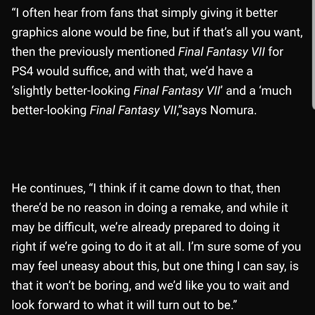 I'm just gonna drop a shitload of Nomura & Kitase quotes about  #FF7R   because maybe some people missed them.(More in comments)