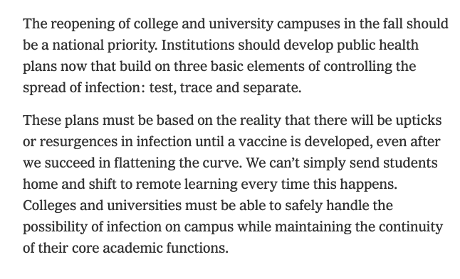 I appreciate the effort to imagine reopening universities in the fall but I teach in classrooms that are typically cleaned once a year, if ever. We've slashed maintenance to the bone since 2008. It would require a huge infusion of federal cash to do this.  https://www.nytimes.com/2020/04/26/opinion/coronavirus-colleges-universities.html?referringSource=articleShare